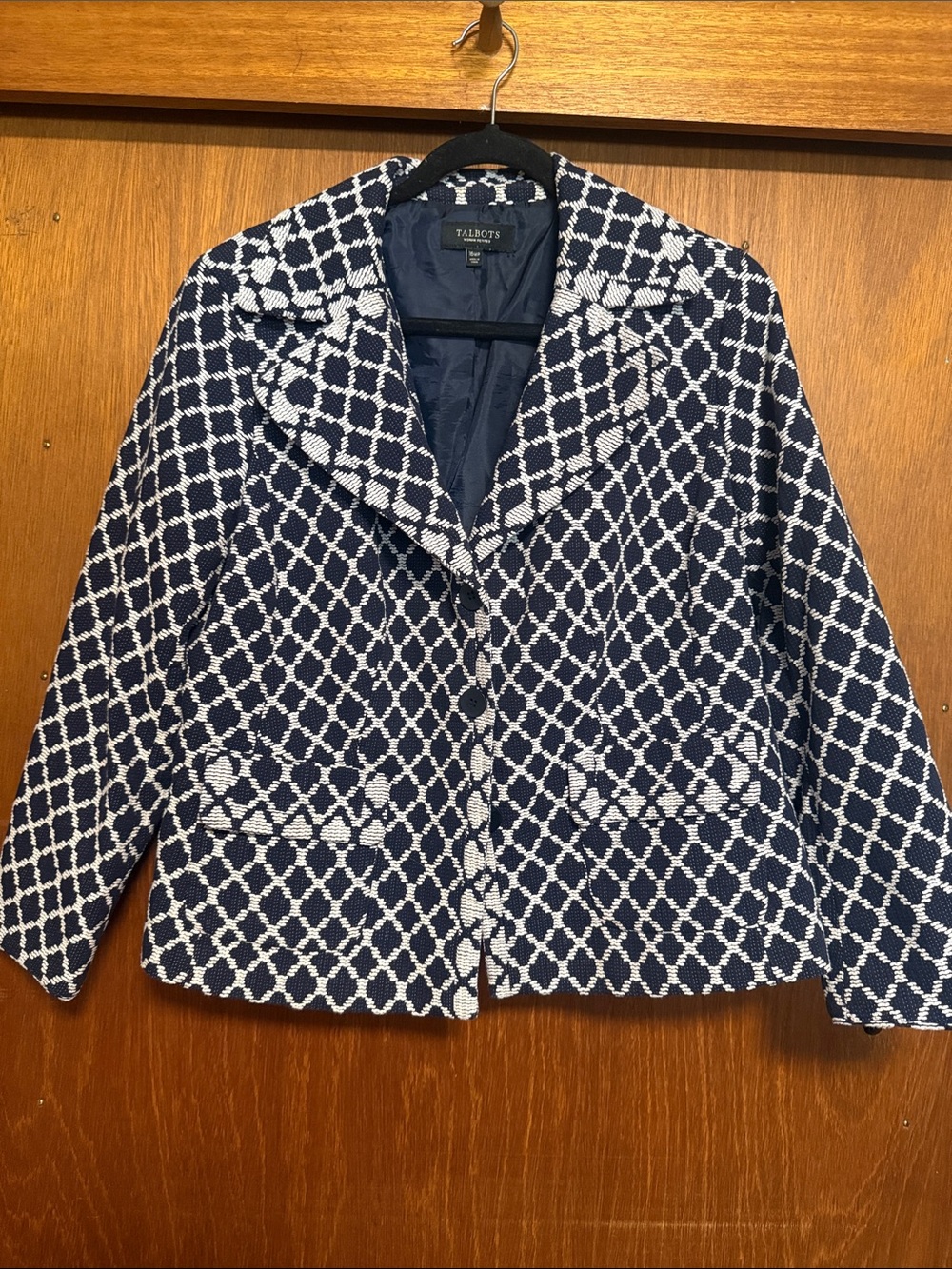 Talbots Navy & White Lattice Cropped Blazer
